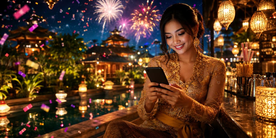 Pengguna memainkan casino mobile di malam hari dengan dekorasi lentera bercahaya